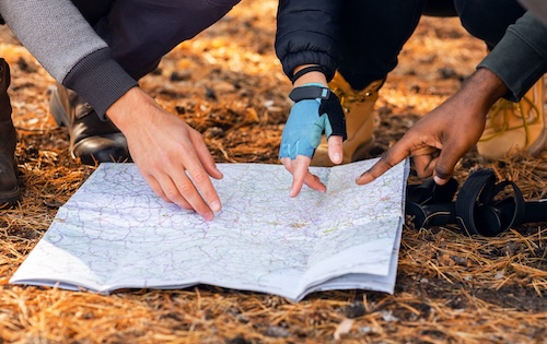 Hikers on a forest trail,  pointing at a map